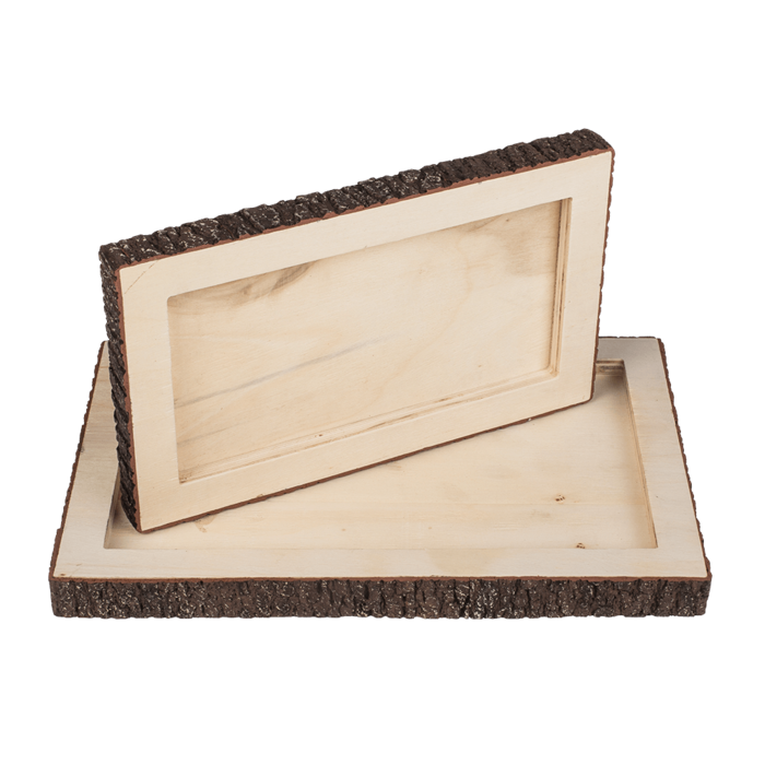 Holz-Tablett mit Baumrinde, 2er Set,