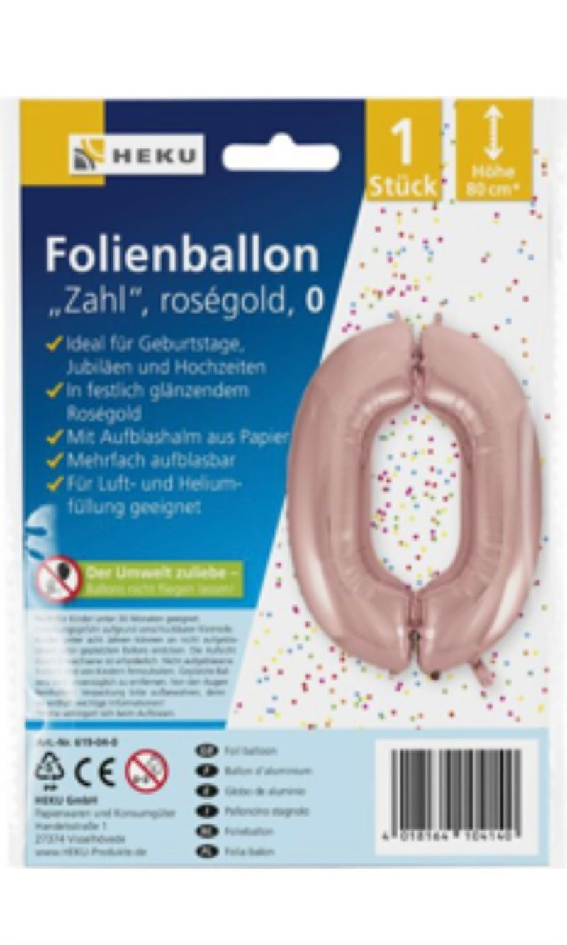 Folienballon "Zahl", Höhe 80cm, roségold, mit Aufblashalm, 0