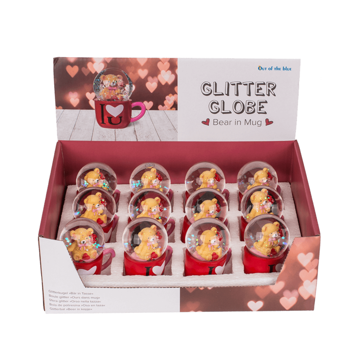 Glitterkugel, Bär, auf Sockel Tasse, I love you,