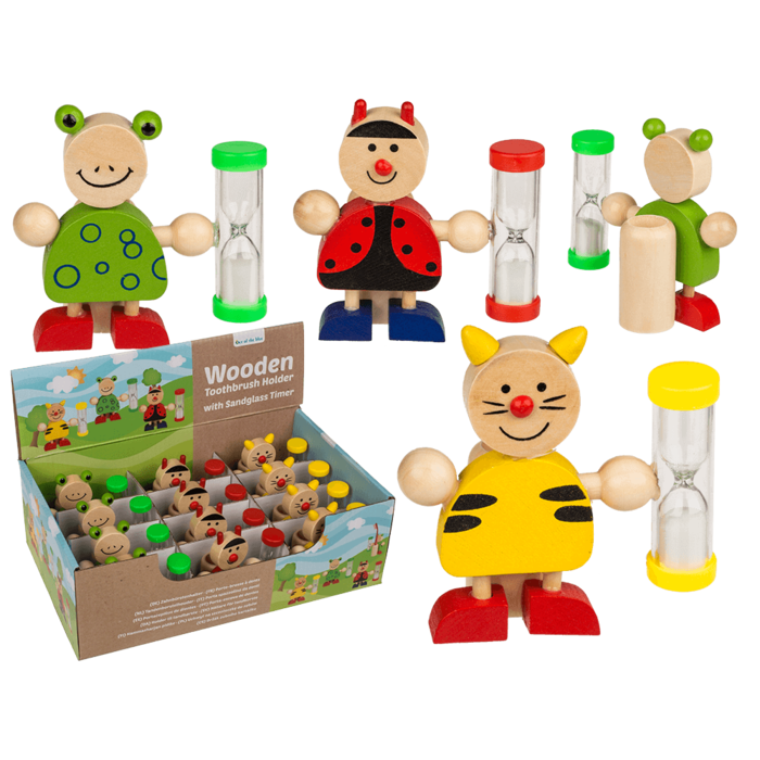 Holz-Zahnbürstenhalter mit Sanduhr, Tiere,