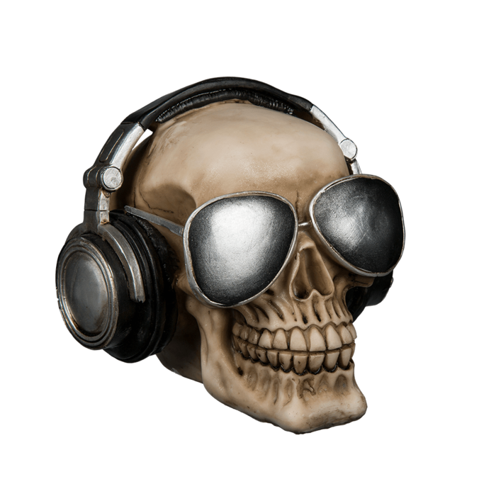 Spardose, Totenkopf mit Kopfhörer & silberfarbener