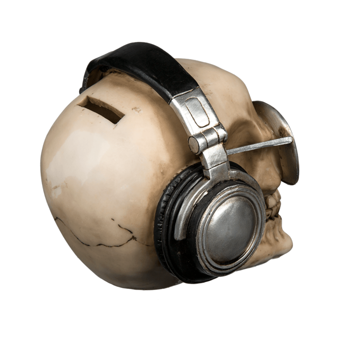 Spardose, Totenkopf mit Kopfhörer & silberfarbener