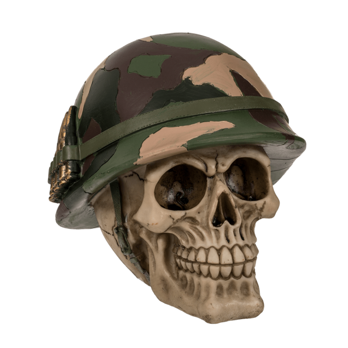 Spardose mit Schloss, Totenkopf mit Armyhelm &