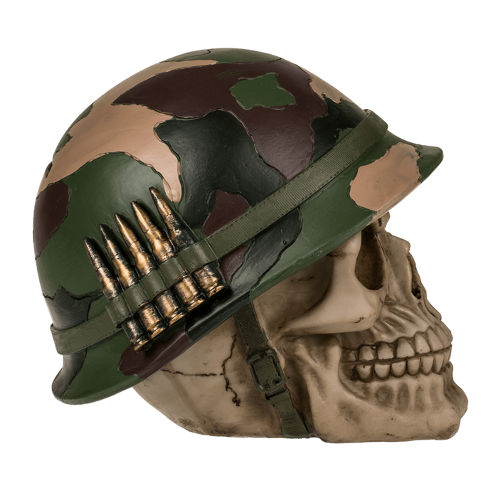 Spardose mit Schloss, Totenkopf mit Armyhelm &