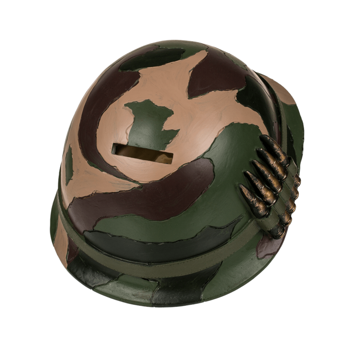 Spardose mit Schloss, Totenkopf mit Armyhelm &