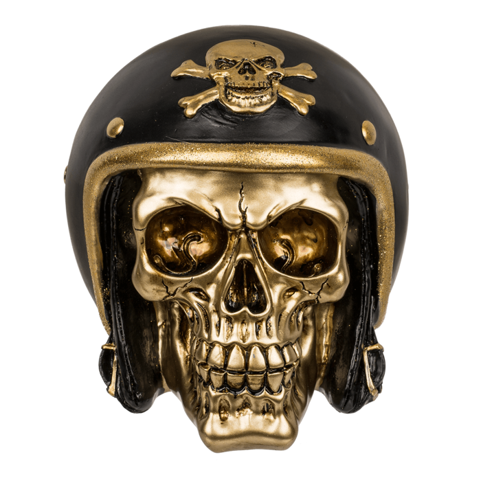 Spardose mit Schloss, Totenkopf mit Motorradhelm,