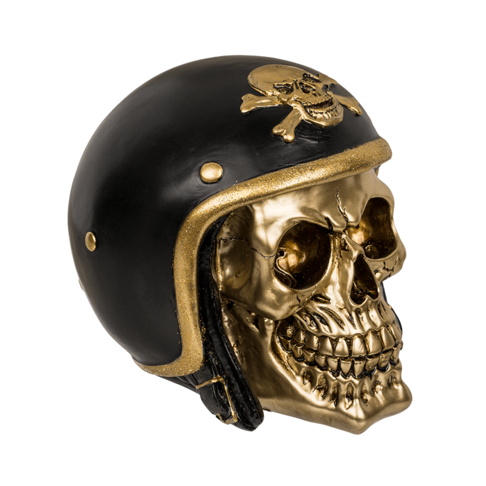Spardose mit Schloss, Totenkopf mit Motorradhelm,