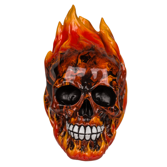 Spardose mit Schloss, Totenkopf mit Feuer,