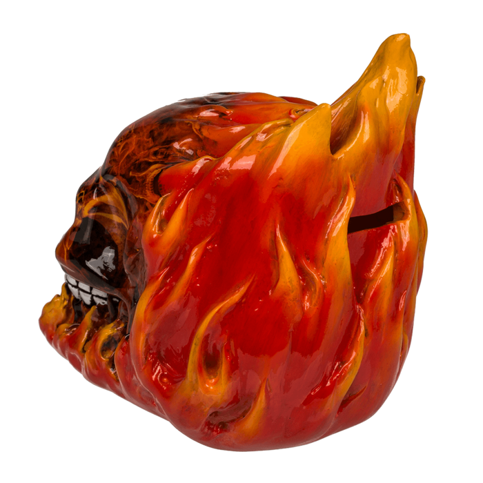 Spardose mit Schloss, Totenkopf mit Feuer,