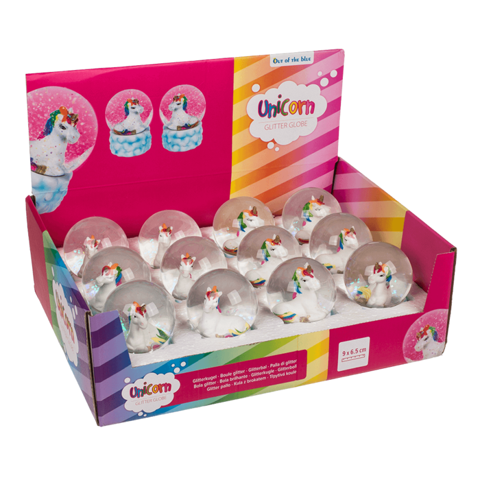 Glitterkugel, Einhorn, auf Sockel mit Wolkendekor,