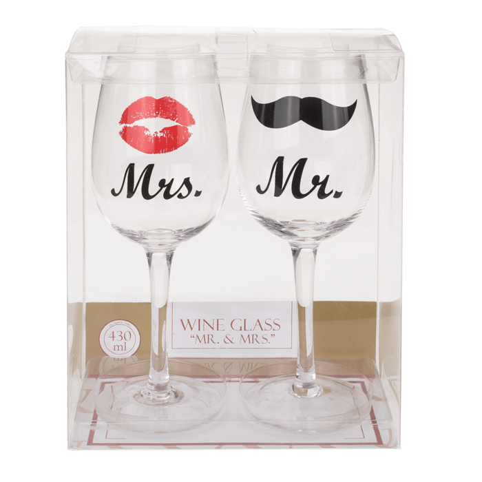 Weinglas, Mr & Mrs, mit Kussmund- &