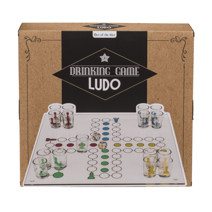 Glas-Trinkspiel, Ludo, mit 16 Gläsern & 2 Würfeln,