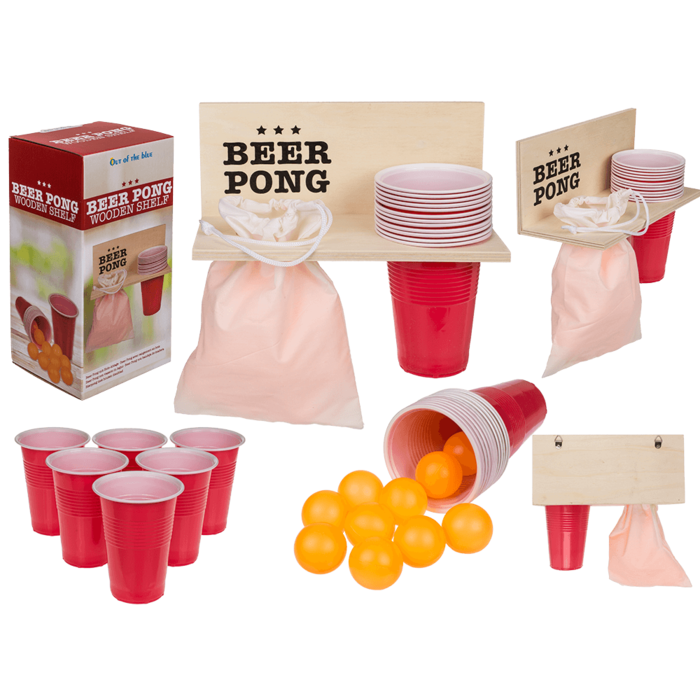 Beer Pong m. Holz-Ablage, inkl. 12 Becher und