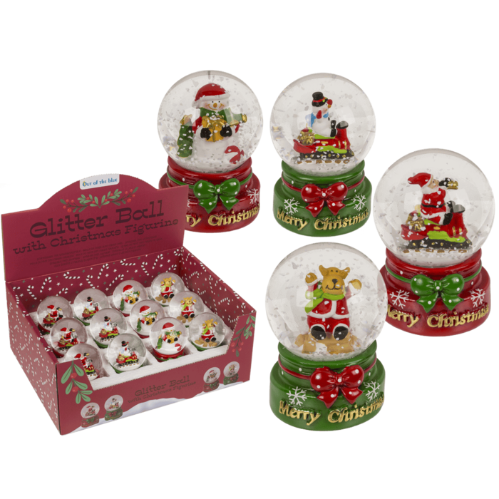 Schneekugel, Weihnachtsfigur, auf rotem & grünem