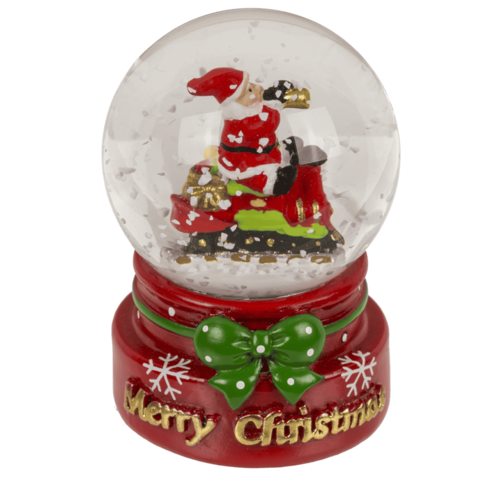 Schneekugel, Weihnachtsfigur, auf rotem & grünem