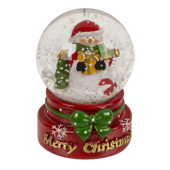 Schneekugel, Weihnachtsfigur, auf rotem & grünem