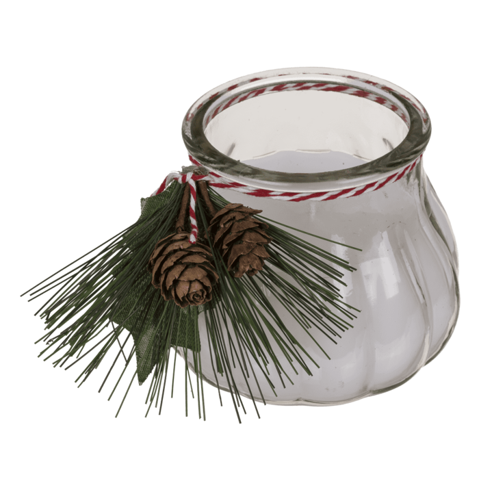 Kerze im Glas mit Weihnachts-Dekoration,