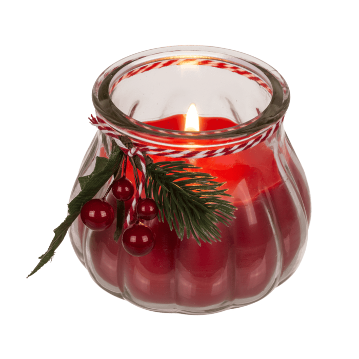 Kerze im Glas mit Weihnachts-Dekoration,