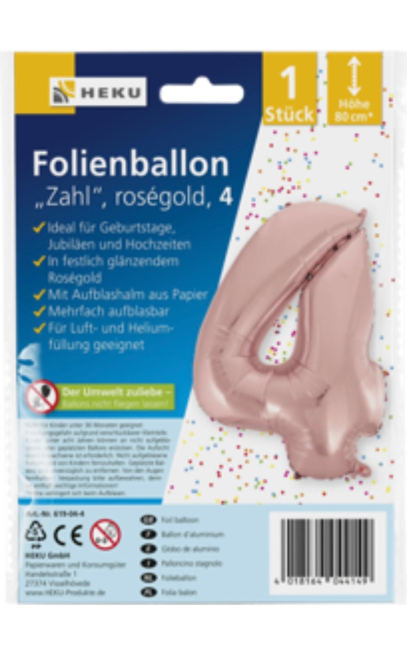 Folienballon "Zahl", Höhe 80cm, roségold, mit Aufblashalm, 4