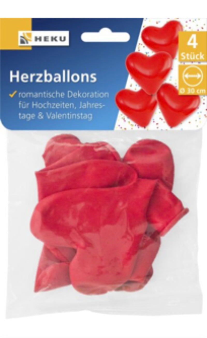 4 Herzballons, Ø 30cm, rot