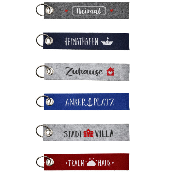 Schlüsselband Sprüche, Filz mit Druck, 6/s Sort. 1 ca. 18cm
