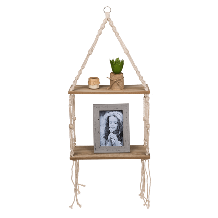 Holz-Wandregal mit Makramee,