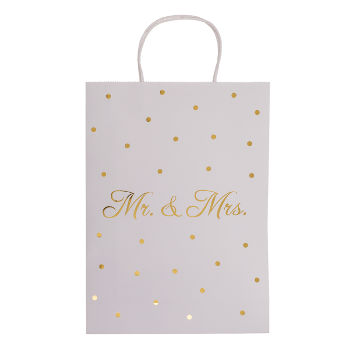 Weiße Papier- Geschenktüte, Mr & Mrs, mit goldenen