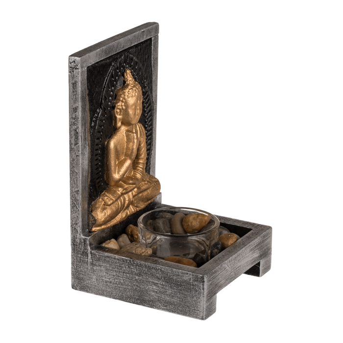 Holz-Teelichthalter, Buddha mit Dekosteinen,