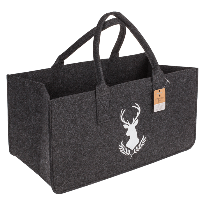 Graue Filztasche für Kaminholz, Hirschkopf,