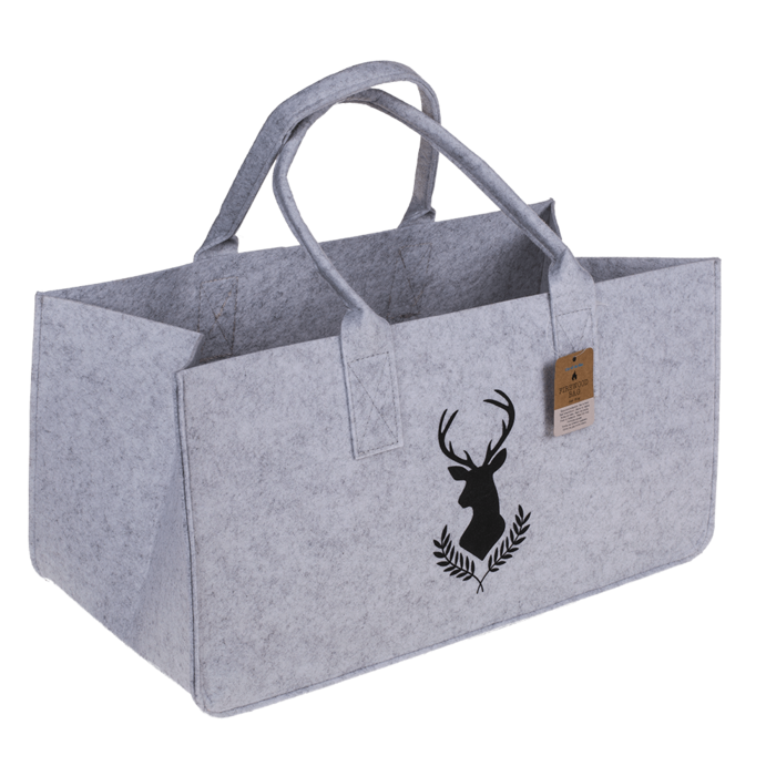 Graue Filztasche für Kaminholz, Hirschkopf,