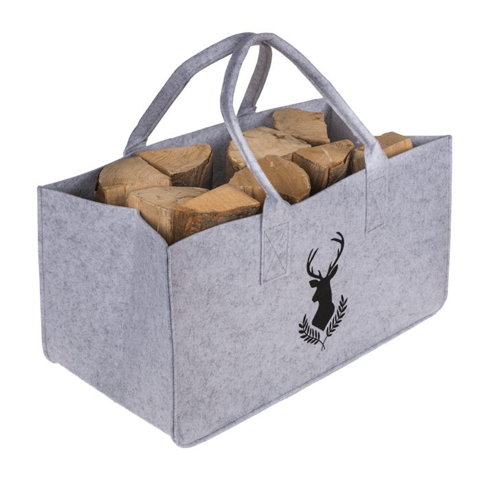 Graue Filztasche für Kaminholz, Hirschkopf,