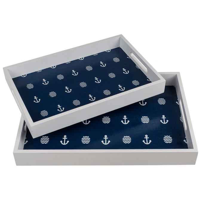 Blau/weißes Holz-Tablett, Modern Maritime,