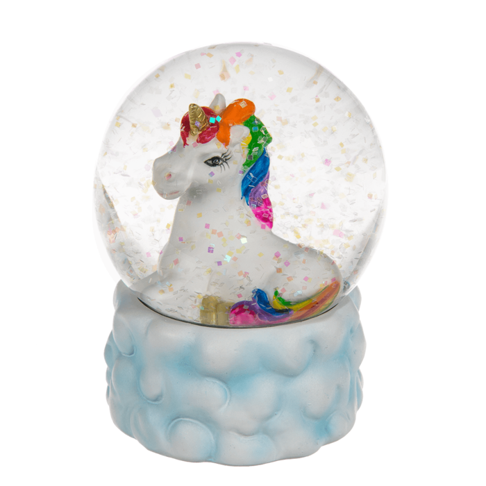 Glitterkugel, Einhorn, auf Sockel mit Wolkendekor,