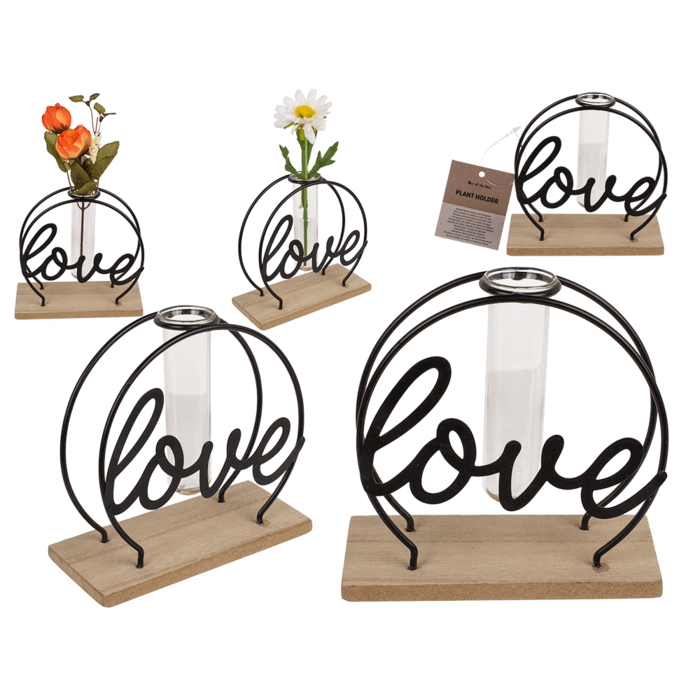 Metall-Pflanzenhalter auf Holzplatte, Love,