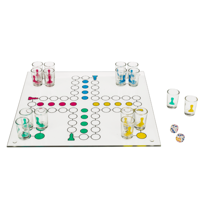 Glas-Trinkspiel, Ludo, mit 16 Gläsern & 2 Würfeln,