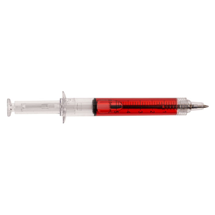 Kugelschreiber, Spritze mit roter Flüssigkeit,