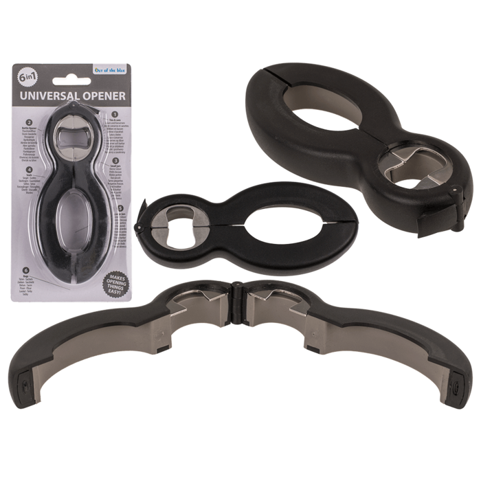 Universal-Öffner, 6 in 1, Schwarz/Grau.