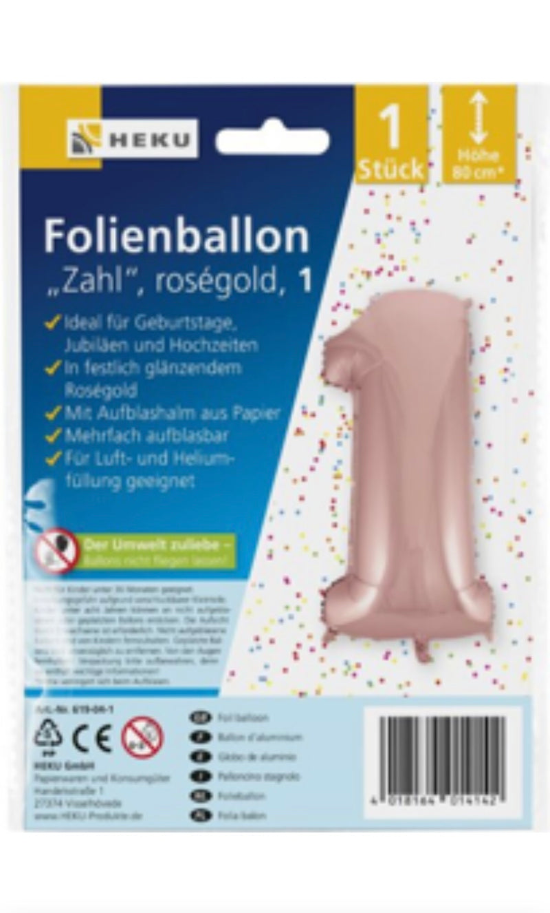 Folienballon "Zahl", Höhe 80cm, roségold, mit Aufblashalm, 1
