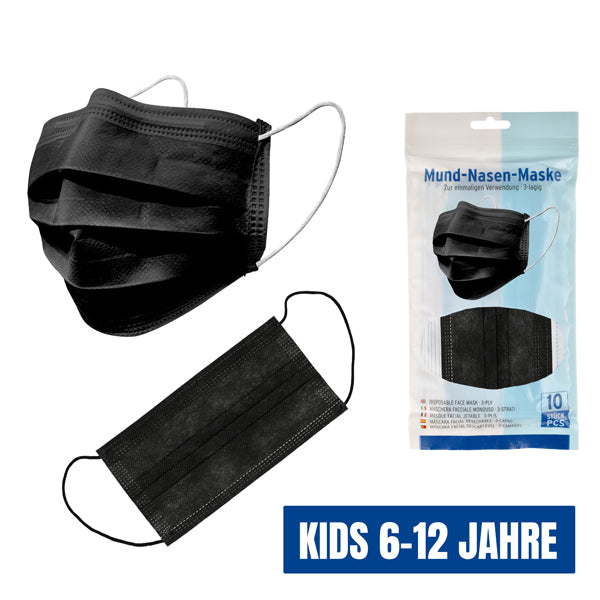 Mund-Nasen-Maske, Kinder, schwarz, 10er Beutel