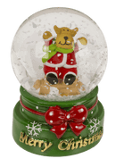 Schneekugel, Weihnachtsfigur, auf rotem & grünem