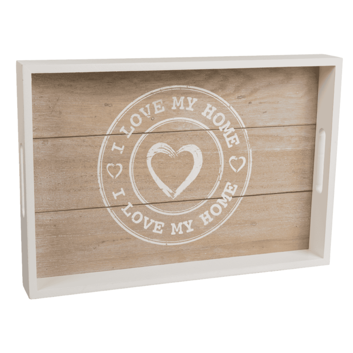 Weiß/naturfarbenes Holz-Tablett, I love my home,