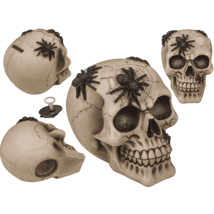Spardose mit Schloss, Totenkopf mit Spinnen,