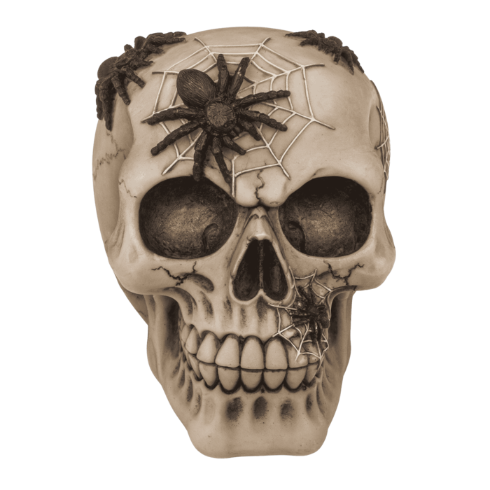 Spardose mit Schloss, Totenkopf mit Spinnen,