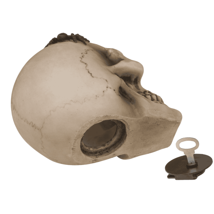 Spardose mit Schloss, Totenkopf mit Spinnen,