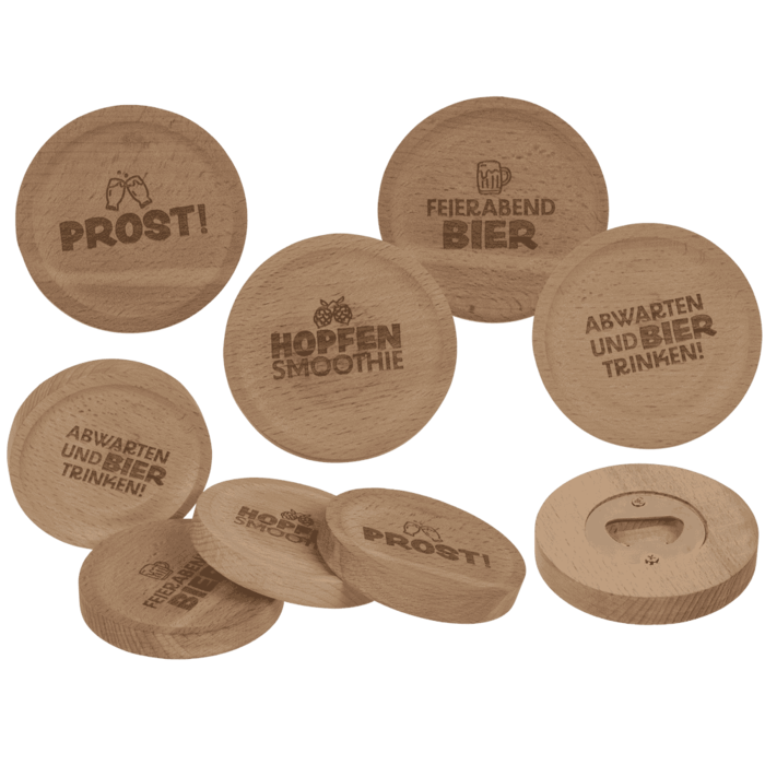 Holz-Untersetzer, mit Spuch und Flaschenöffner,