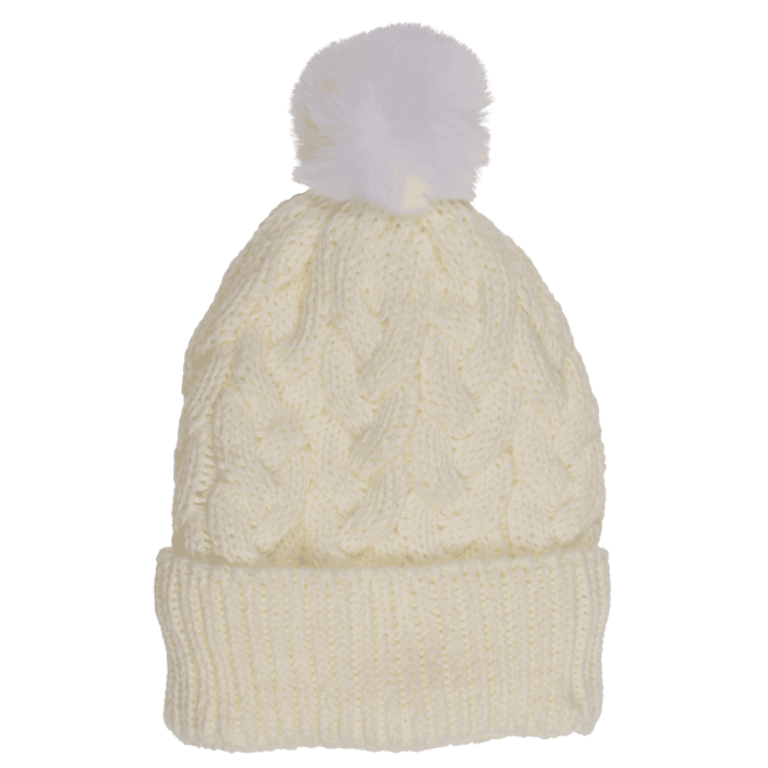 Kuschel-Mütze mit Kunstfell-Bommel, Zopfmuster,