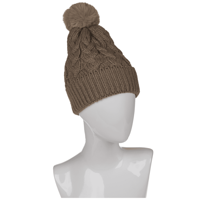Kuschel-Mütze mit Kunstfell-Bommel, Zopfmuster,
