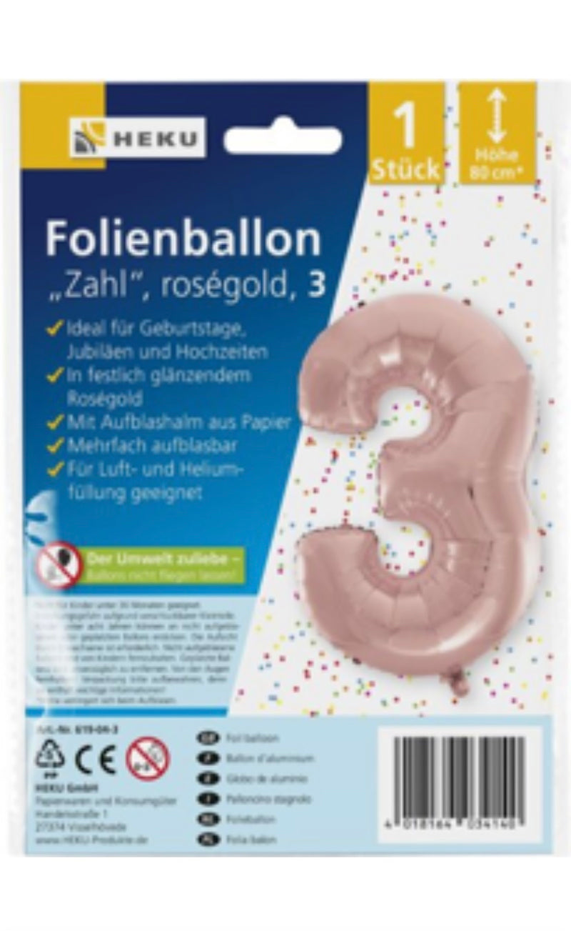 Folienballon "Zahl", Höhe 80cm, roségold, mit Aufblashalm, 3