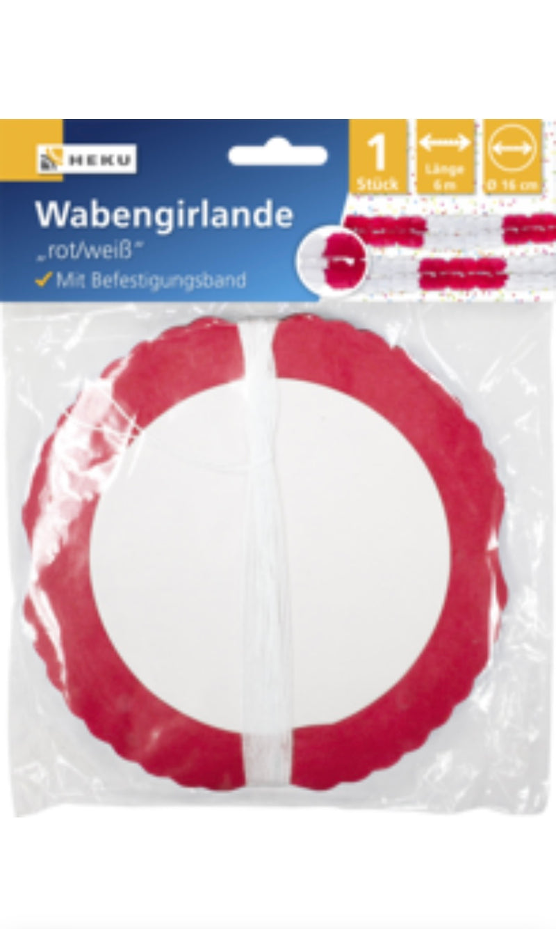 Wabengirlande, Länge 6m, Ø 16cm, rot/weiß