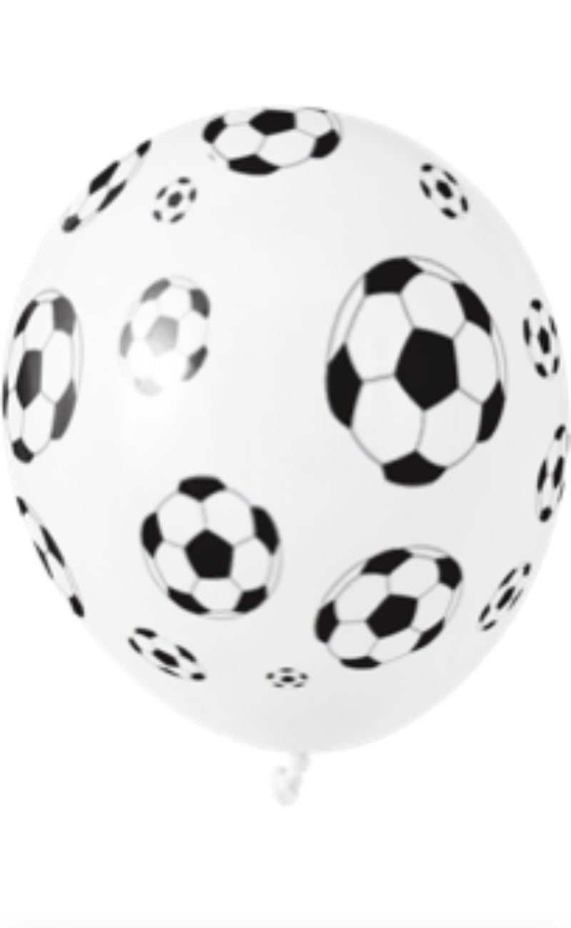 5 Ballons mit Motiv, Ø 25cm, weiß, Fußball Party